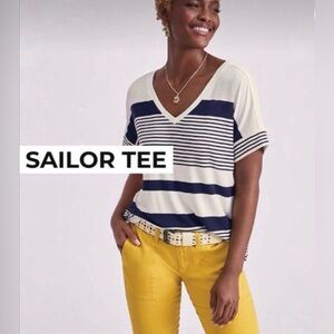 CAbi Sailor Tee. Navy and White Striped V-Neck Tee. XS but runs larger. EUC.